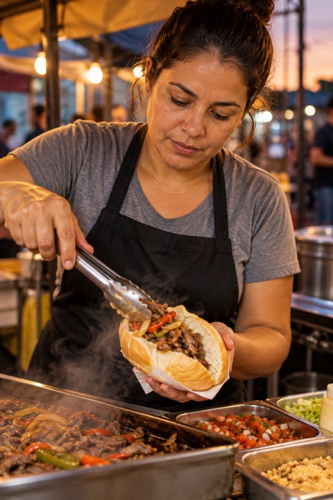 Cena ilustrativa de uma mulher preparando comida de rua